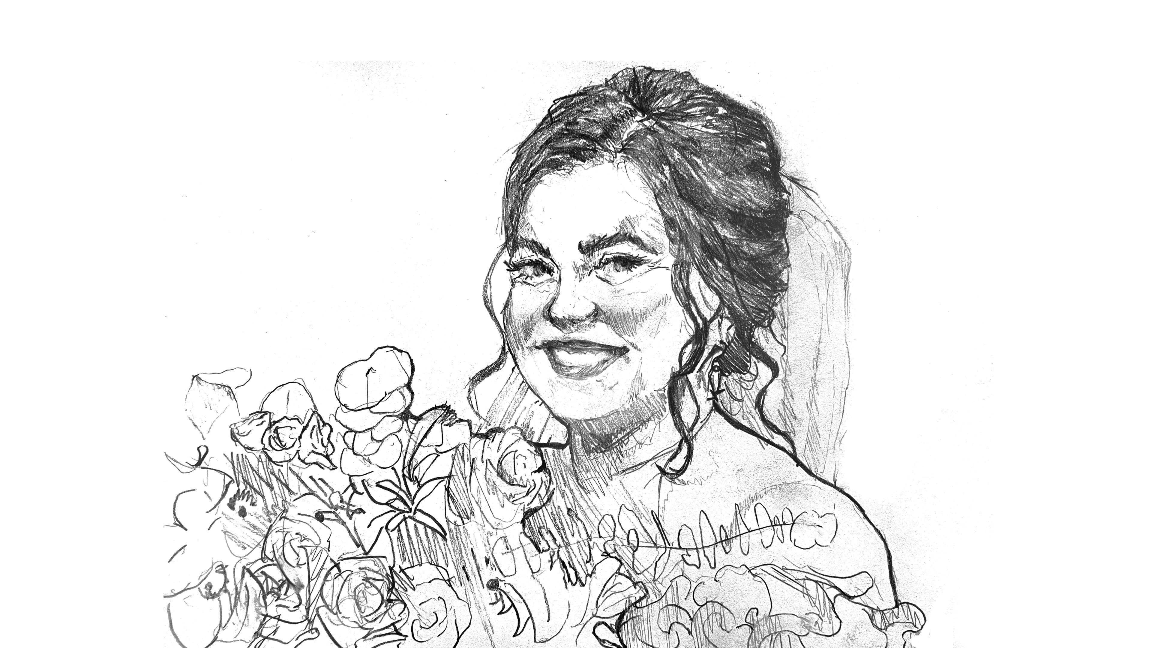 A pencil sketch of a grinning woman with long, wavy hair, rocking a wedding dress. She's clutching a bouquet of roses, with the flowers sketched in a detailed, yet simple style. The background is plain white, making her the star of the show.